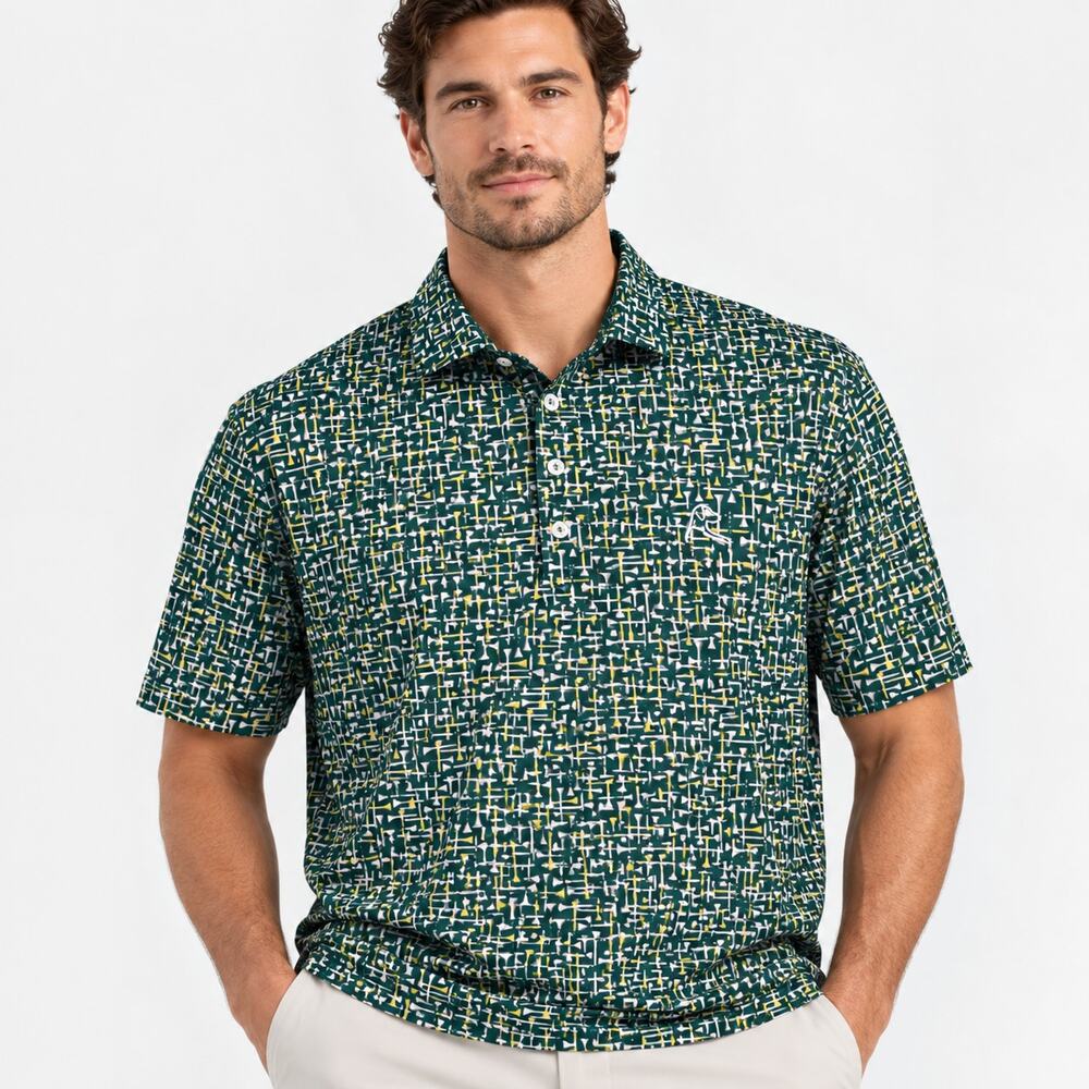 Rhoback Performance Polo Shirt Geometric Print Green Mens Size XL Golf Stretch
